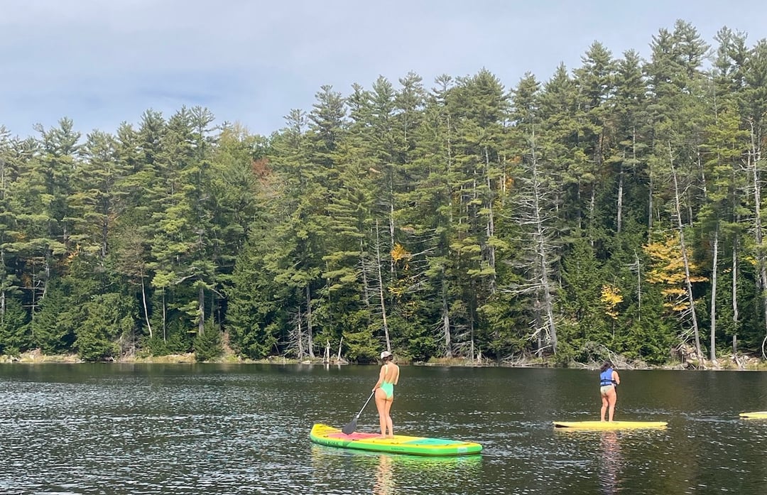 Two paddleboarders on a calm lake